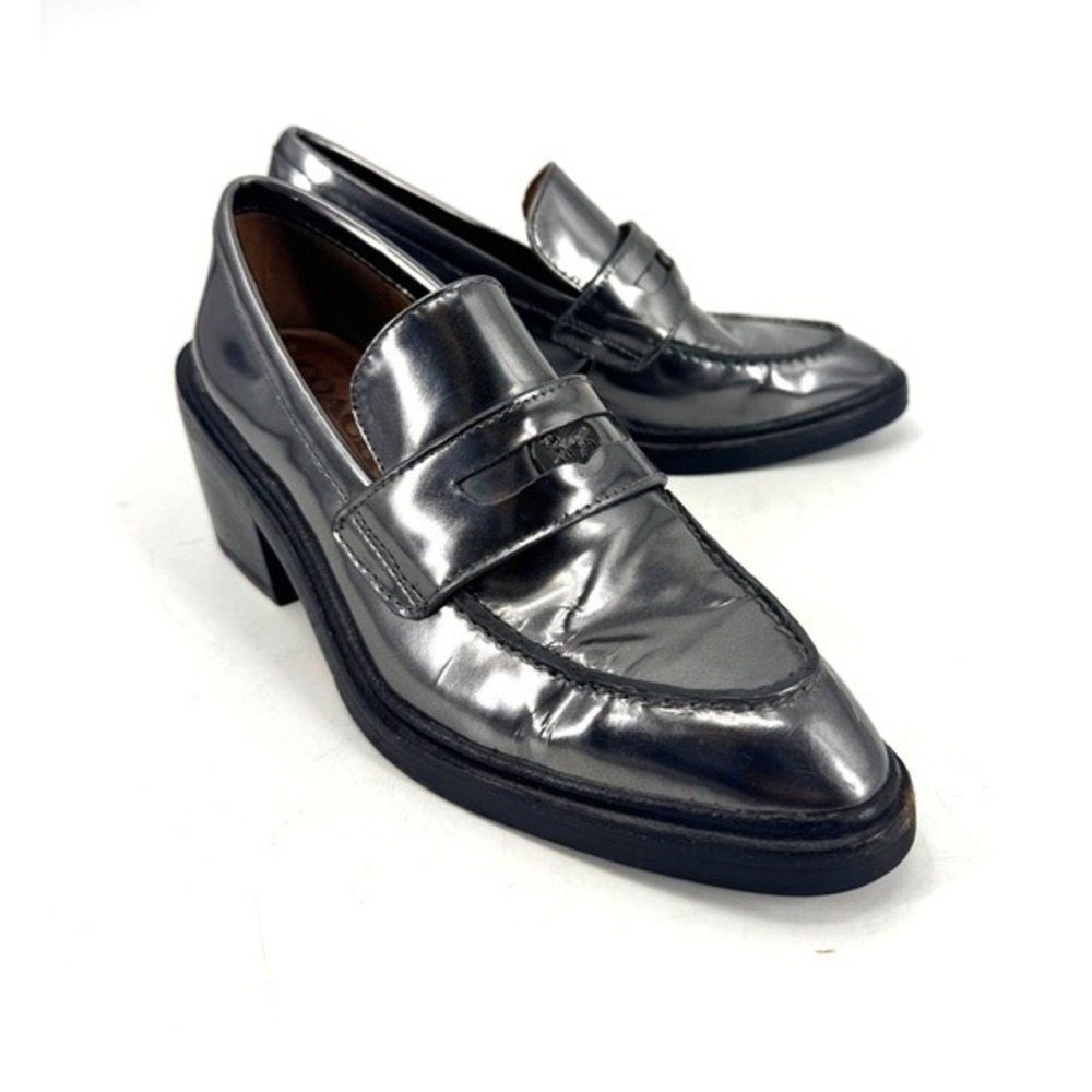 Coach Metallic Silver Leather Block Heel Penny Loafers Pointed Toe Shoes